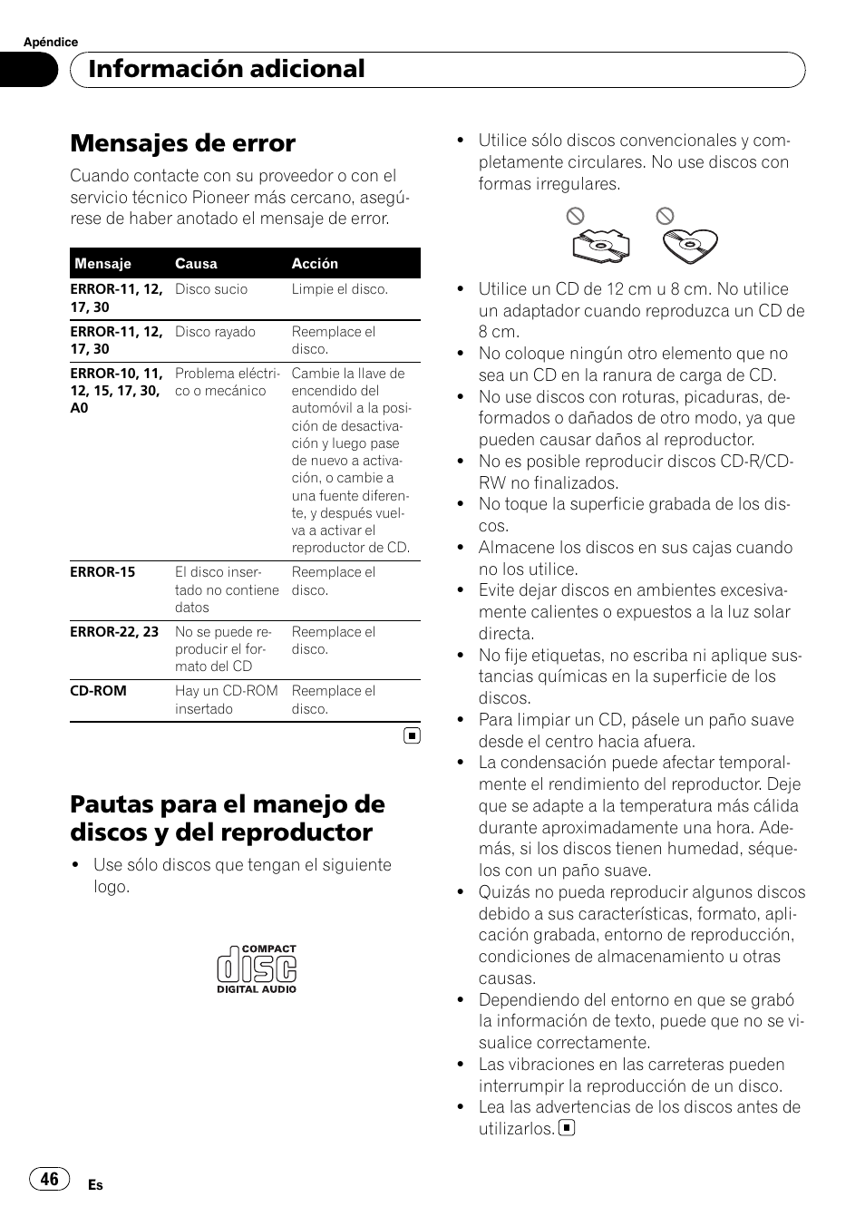 Información adicional mensajes de error, Pautas para el manejo de discos y del, Reproductor | Mensajes de error, Pautas para el manejo de discos y del reproductor, Información adicional | Pioneer DEH-11E User Manual | Page 46 / 49