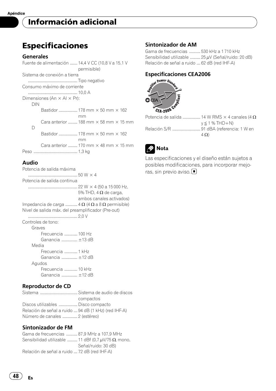 Especificaciones, Información adicional | Pioneer DEH-11E User Manual | Page 48 / 49
