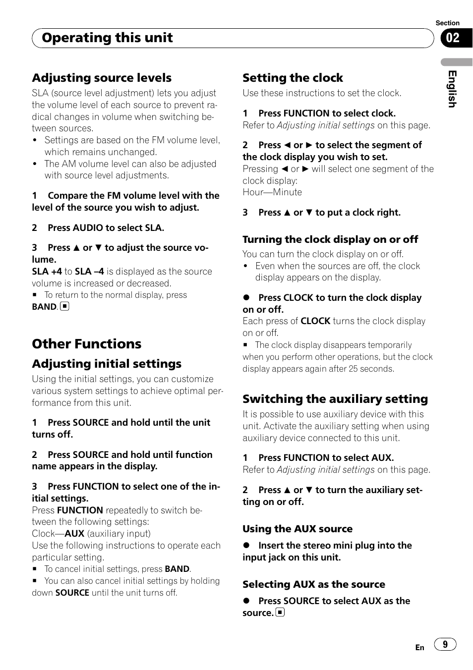 Adjusting source levels 9, Other functions, Adjusting initial settings 9 | Setting the clock 9, Switching the auxiliary setting 9, Operating this unit, Adjusting source levels, Adjusting initial settings, Setting the clock, Switching the auxiliary setting | Pioneer DEH-11E User Manual | Page 9 / 49