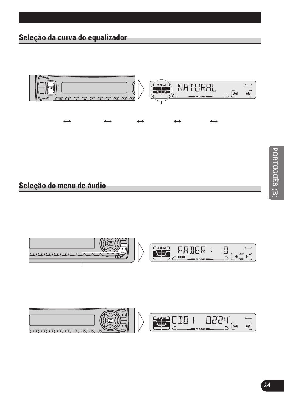 Ajuste de áudio, Seleção da curva do equalizador, Seleção do menu de áudio | Pioneer DEH-P3150 User Manual | Page 101 / 116