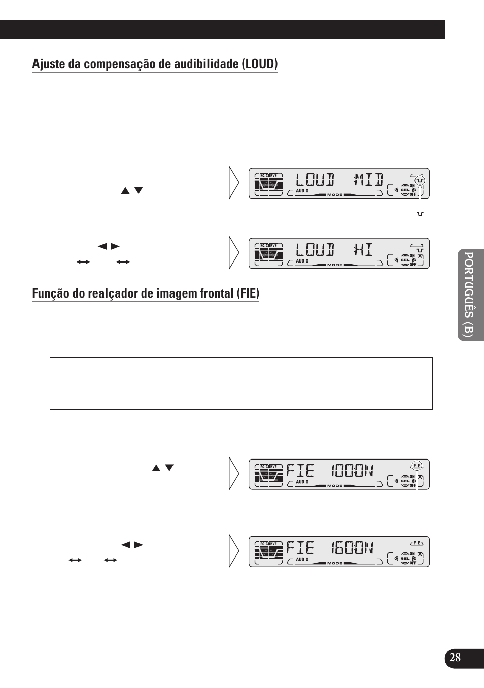 Ajuste da compensação de audibilidade (loud), Função do realçador de imagem frontal (fie) | Pioneer DEH-P3150 User Manual | Page 105 / 116