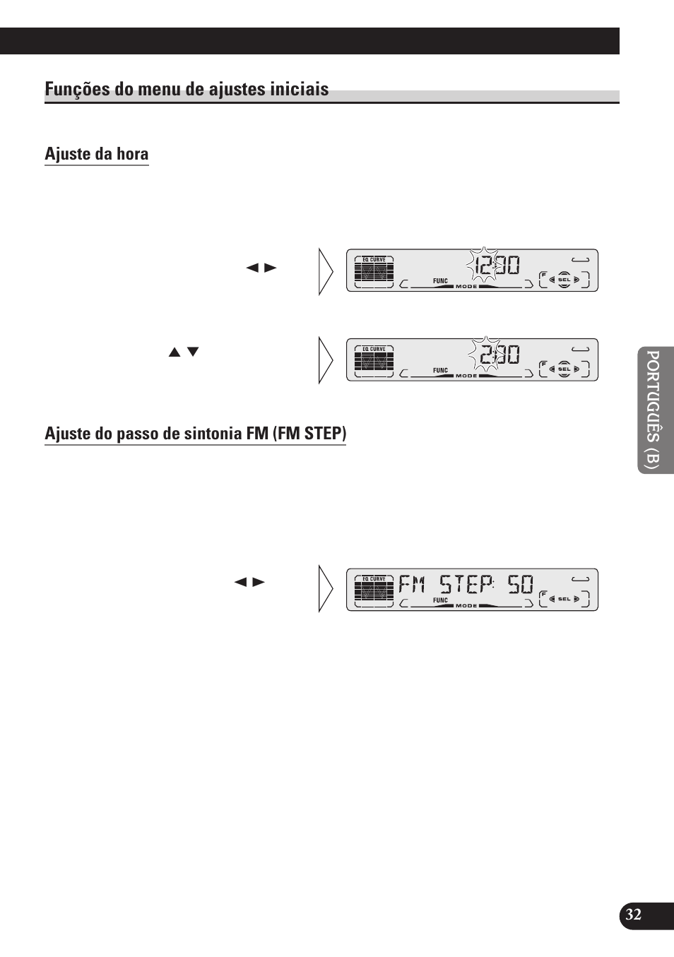 Funções do menu de ajustes iniciais, Ajuste da hora, Ajuste do passo de sintonia fm (fm step) | Pioneer DEH-P3150 User Manual | Page 109 / 116