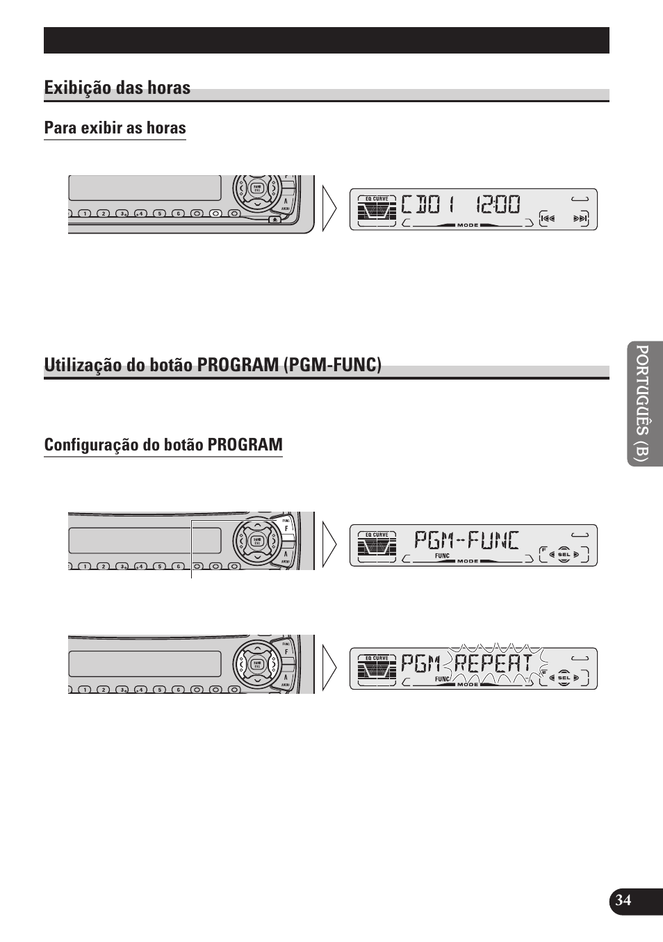 Outras funções, Exibição das horas, Para exibir as horas | Utilização do botão program, Pgm-func), Configuração do botão program, Utilização do botão program (pgm-func) | Pioneer DEH-P3150 User Manual | Page 111 / 116