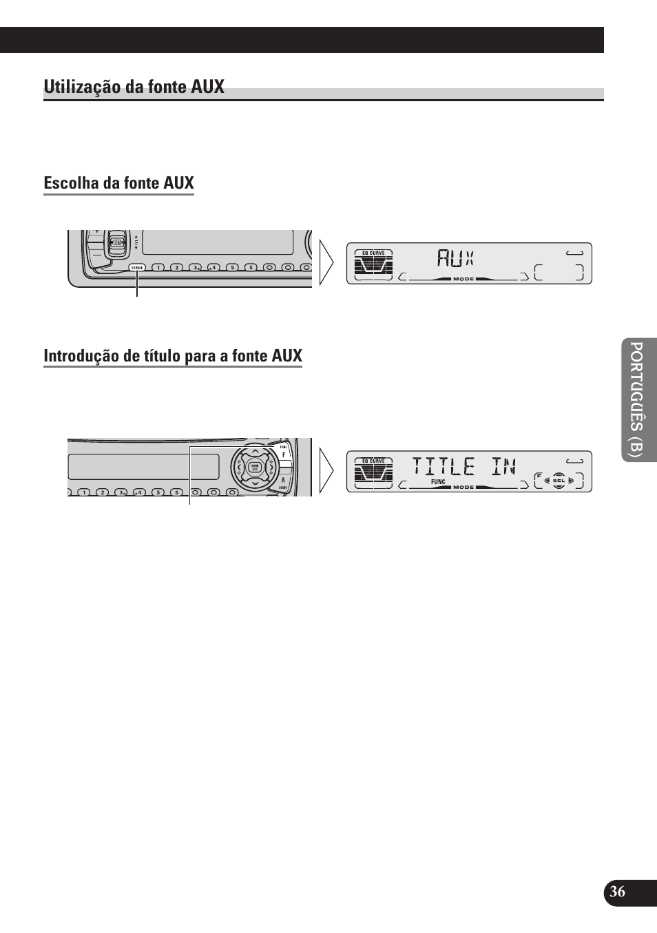 Utilização da fonte aux, Escolha da fonte aux, Introdução de título para a fonte aux | Pioneer DEH-P3150 User Manual | Page 113 / 116