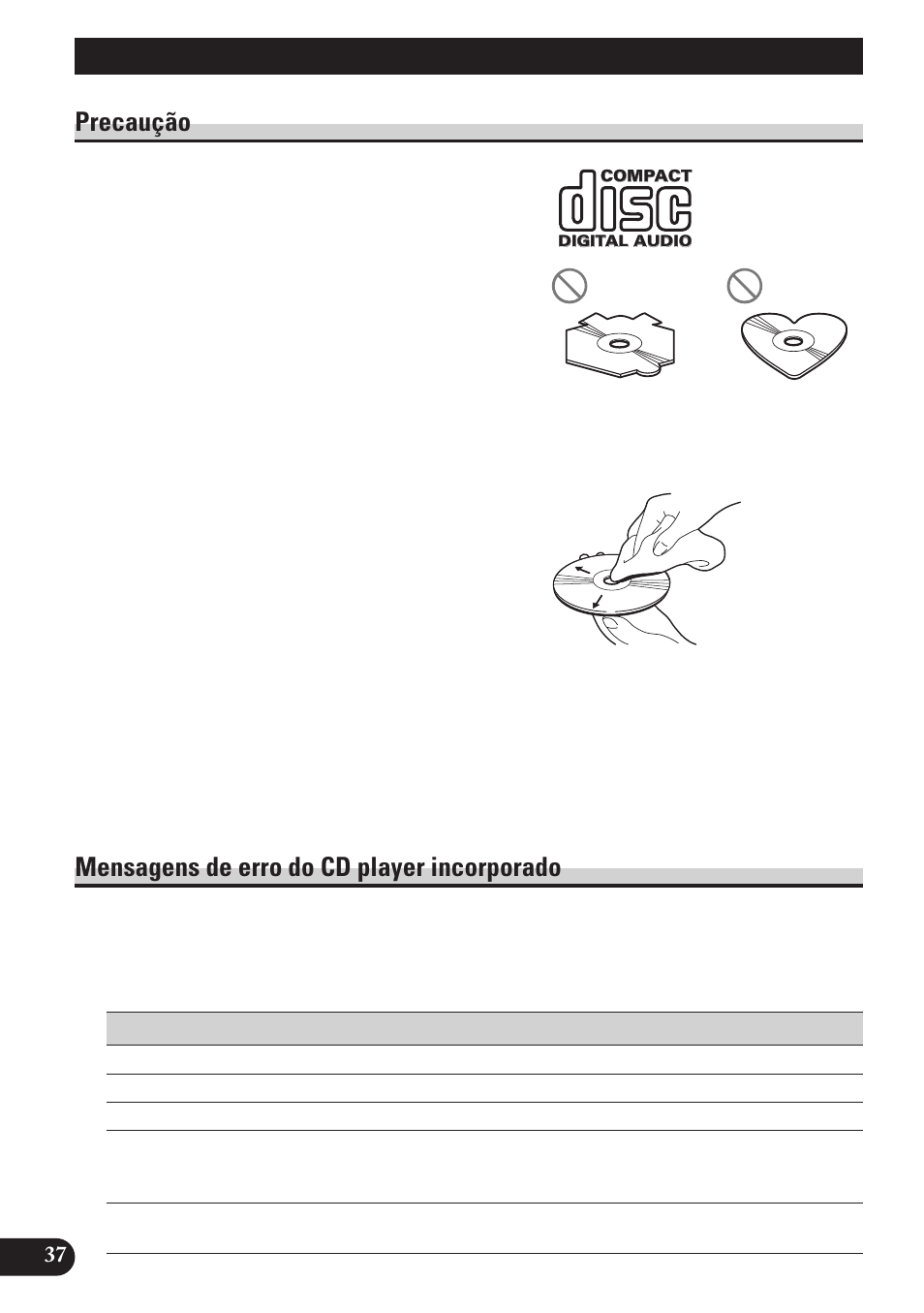 Cd player e cuidados, Precaução, Mensagens de erro do cd player | Incorporado, Mensagens de erro do cd player incorporado | Pioneer DEH-P3150 User Manual | Page 114 / 116