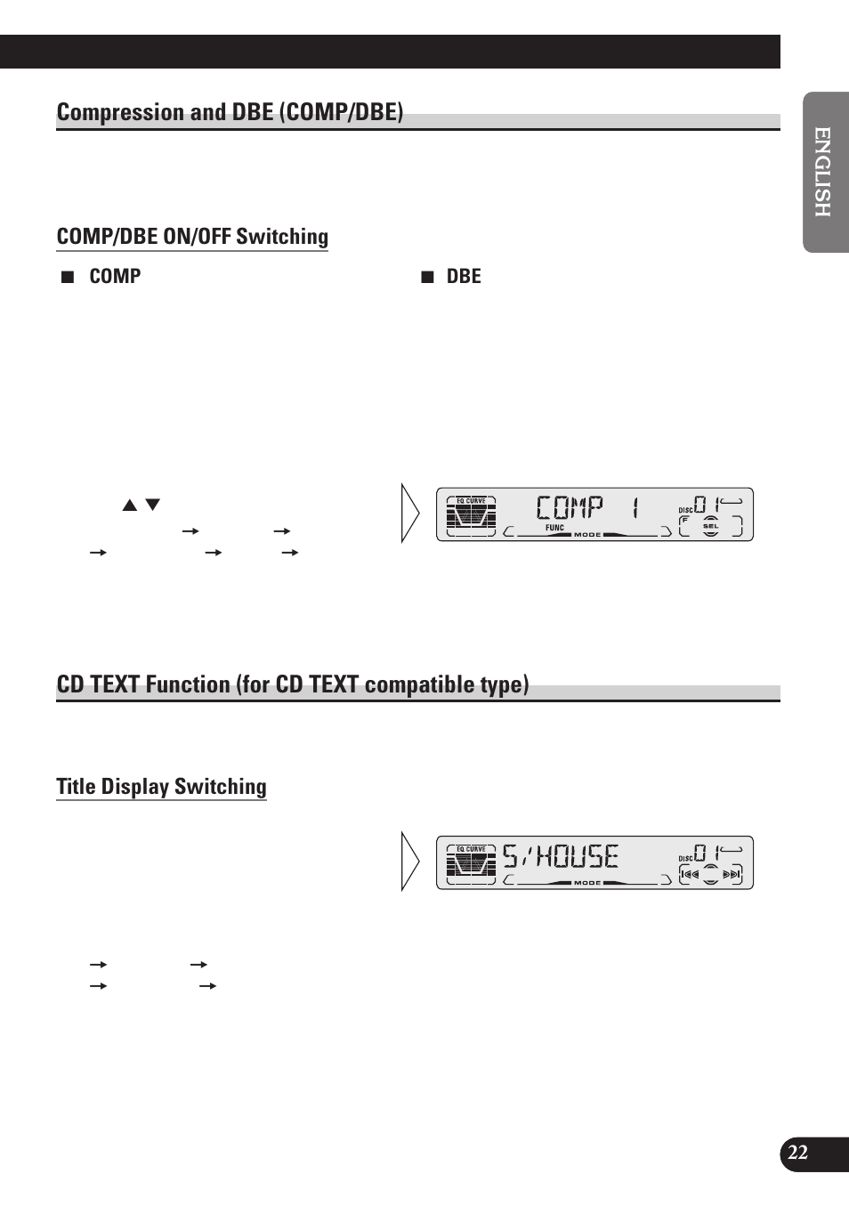 Compression and dbe (comp/dbe), Comp/dbe on/off switching, Cd text function | For cd text compatible type), Title display switching, A title (english), Cd text function (for cd text compatible type) | Pioneer DEH-P3150 User Manual | Page 23 / 116