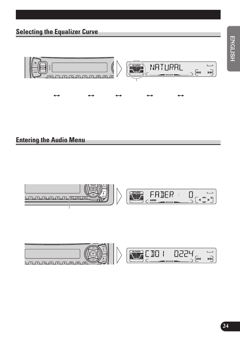 Audio adjustment, Selecting the equalizer curve, Entering the audio menu | Pioneer DEH-P3150 User Manual | Page 25 / 116