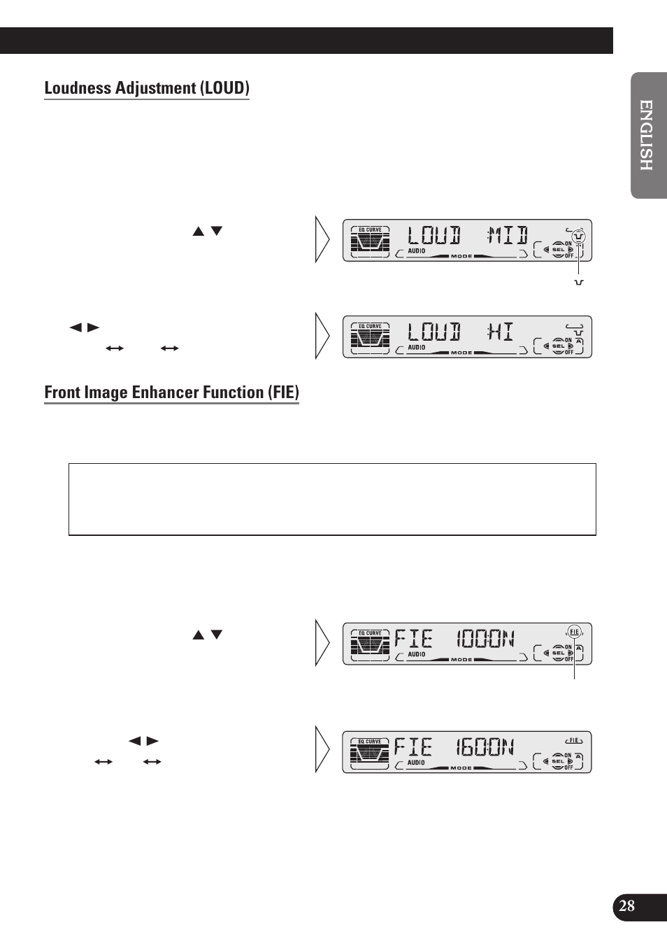 Loudness adjustment (loud), Front image enhancer function (fie), A title (english) | Pioneer DEH-P3150 User Manual | Page 29 / 116