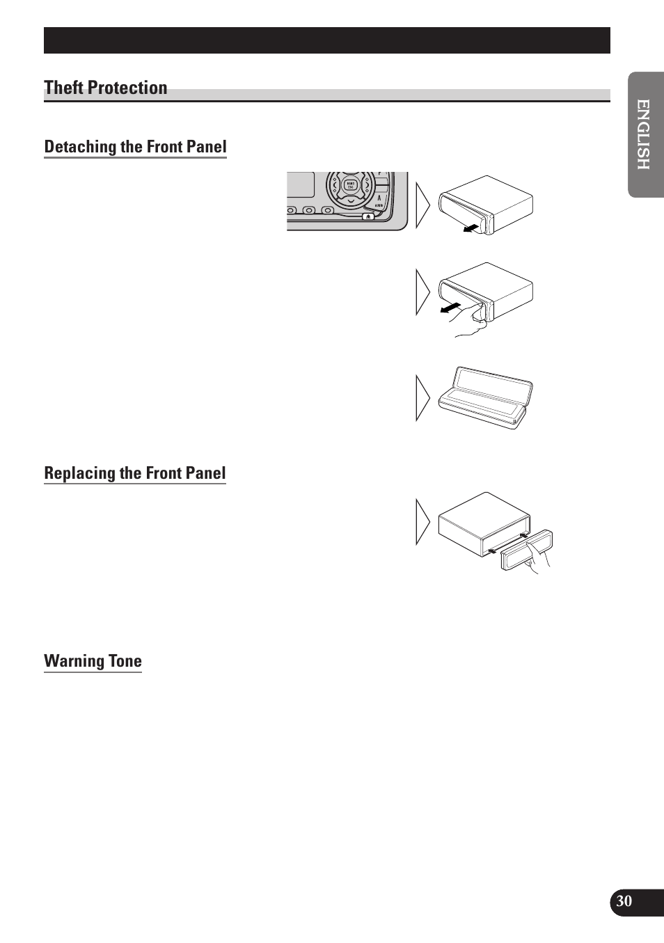 Detaching and replacing, The front panel, Theft protection | Detaching the front panel, Replacing the front panel, Warning tone, A title (english), Detaching and replacing the front panel | Pioneer DEH-P3150 User Manual | Page 31 / 116