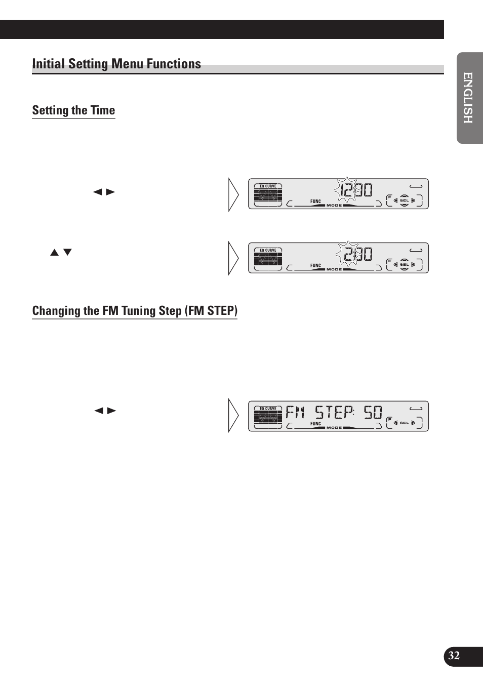 Initial setting menu functions, Setting the time, Changing the fm tuning step (fm step) | A title (english) | Pioneer DEH-P3150 User Manual | Page 33 / 116