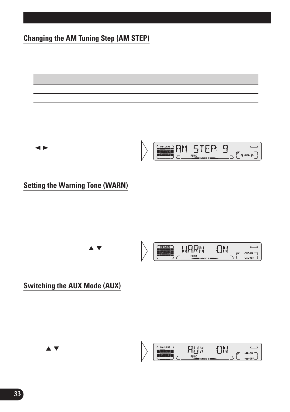 Changing the am tuning step (am step), Setting the warning tone (warn), Switching the aux mode (aux) | Initial setting | Pioneer DEH-P3150 User Manual | Page 34 / 116