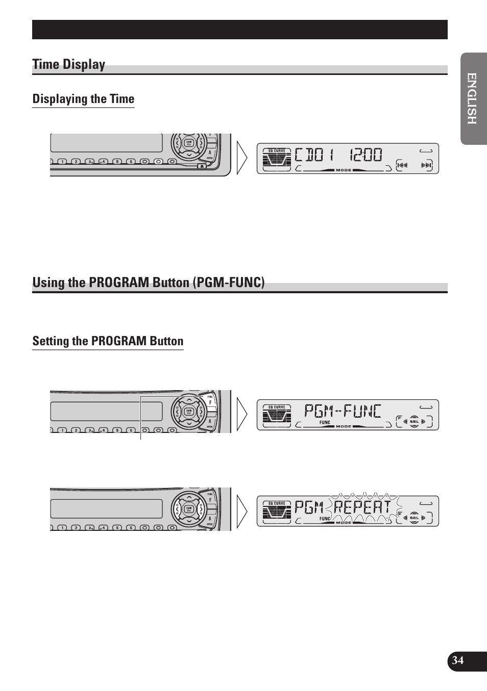 Other functions, Time display, Displaying the time | Using the program button, Pgm-func), Setting the program button, Using the program button (pgm-func) | Pioneer DEH-P3150 User Manual | Page 35 / 116