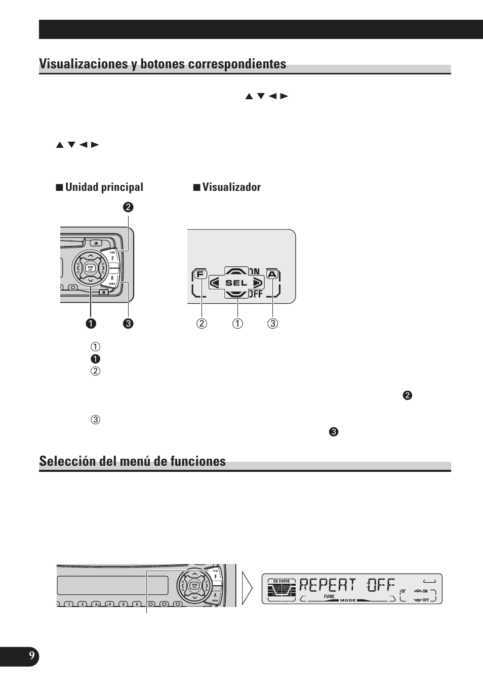 Visualizaciones y botones, Correspondientes, Selección del menú de funciones | Operación básica, Visualizaciones y botones correspondientes | Pioneer DEH-P3150 User Manual | Page 48 / 116