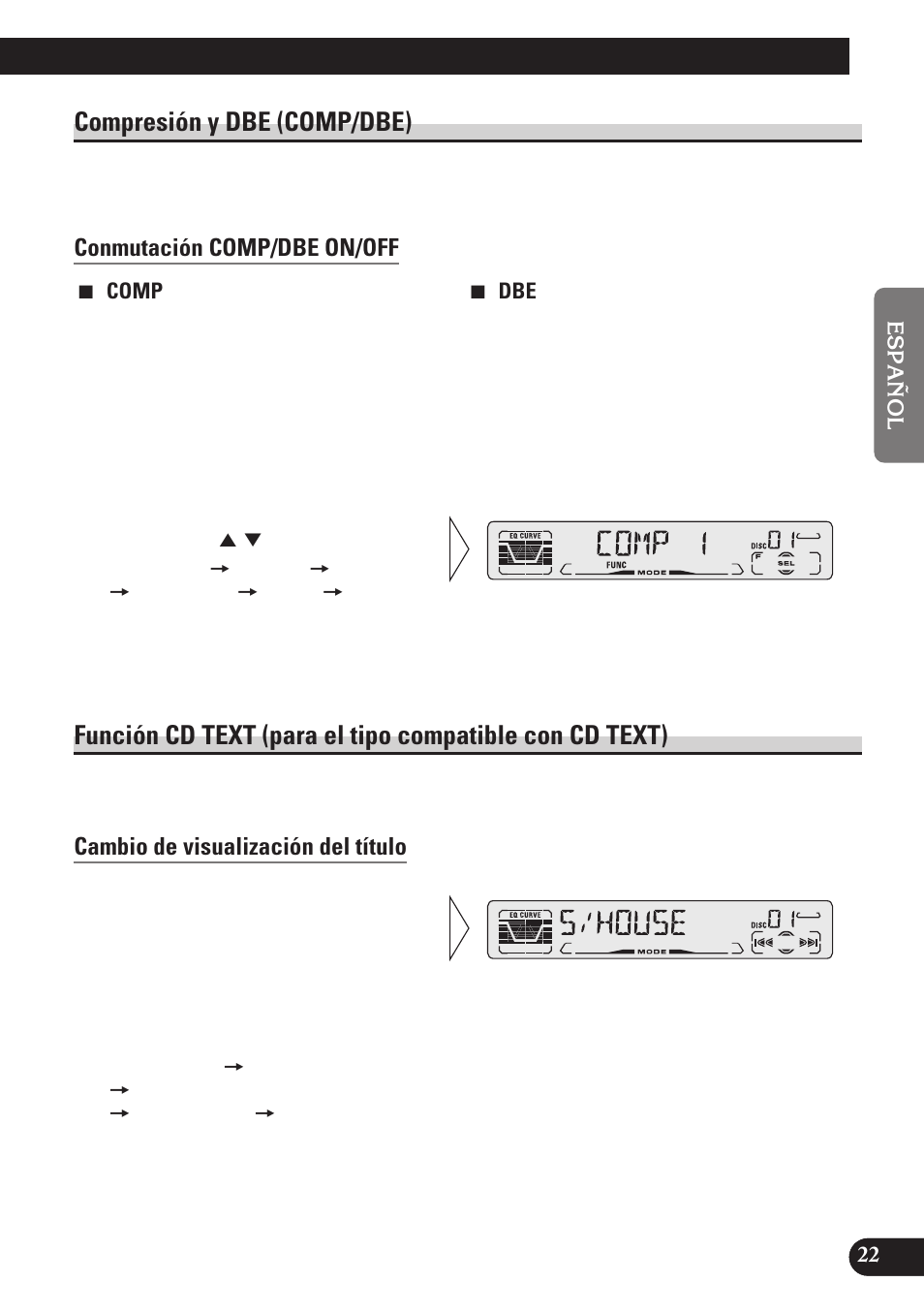 Compresión y dbe (comp/dbe), Conmutación comp/dbe on/off, Función cd text (para el tipo | Compatible con cd text), Cambio de visualización del título | Pioneer DEH-P3150 User Manual | Page 61 / 116