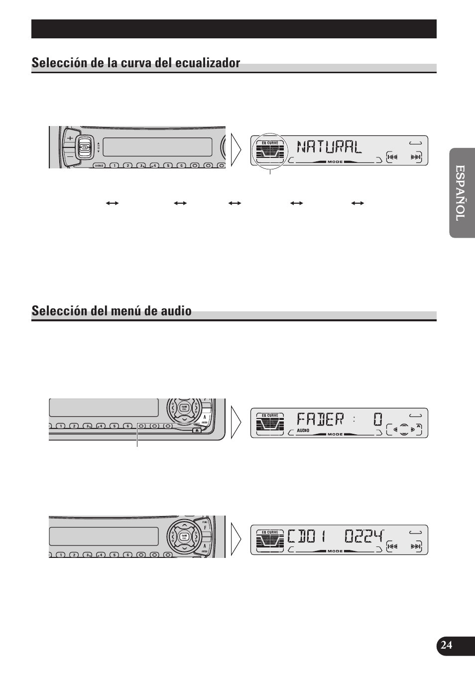Ajuste de audio, Selección de la curva del ecualizador, Selección del menú de audio | Pioneer DEH-P3150 User Manual | Page 63 / 116