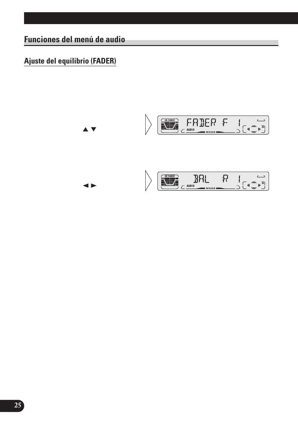Funciones del menú de audio, Ajuste del equilibrio (fader), Ajuste de audio | Pioneer DEH-P3150 User Manual | Page 64 / 116