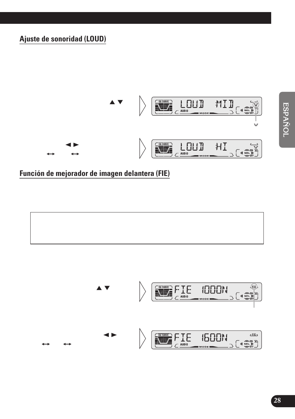 Ajuste de sonoridad (loud), Función de mejorador de imagen delantera (fie) | Pioneer DEH-P3150 User Manual | Page 67 / 116