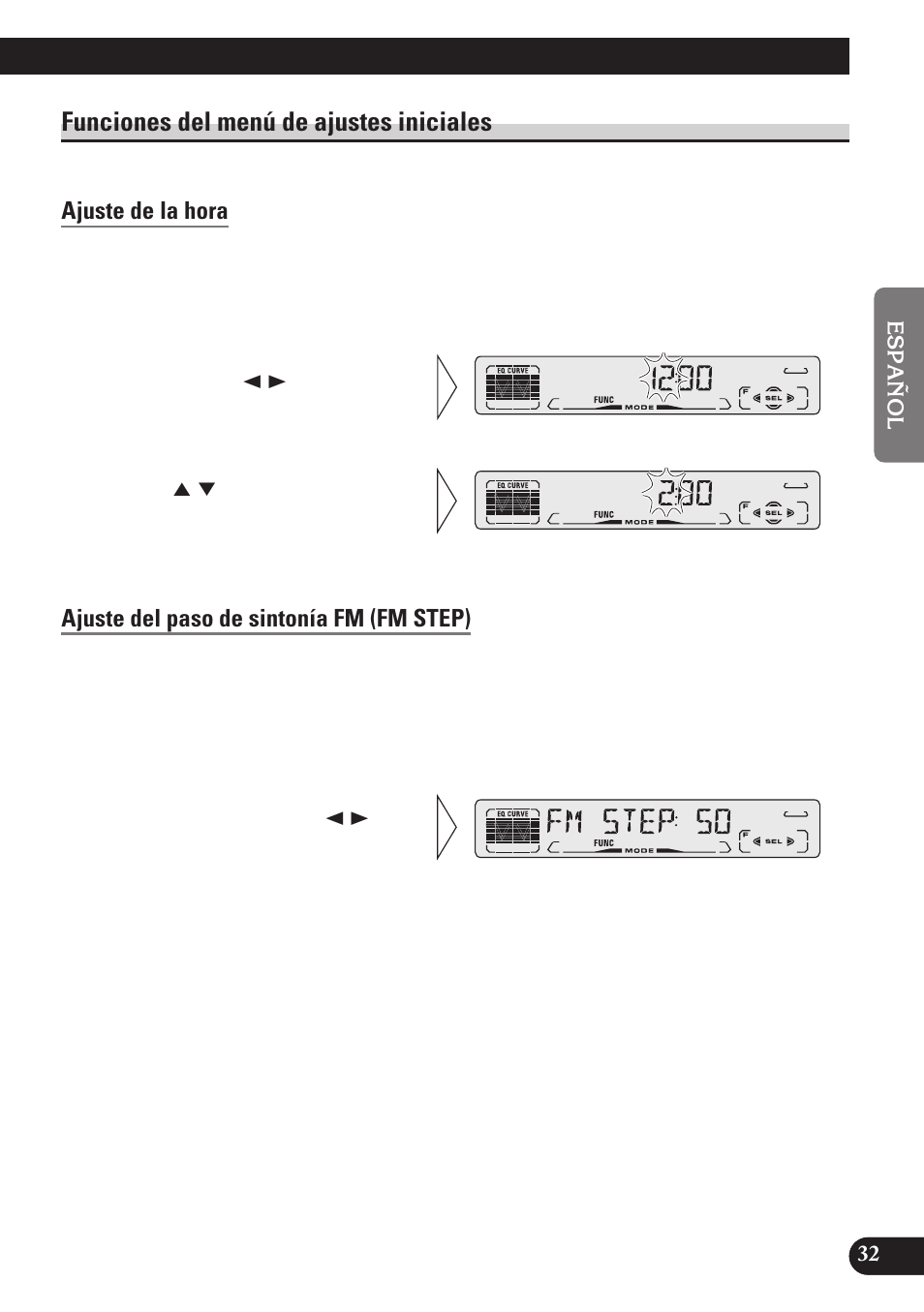 Funciones del menú de ajustes iniciales, Ajuste de la hora, Ajuste del paso de sintonía fm (fm step) | Pioneer DEH-P3150 User Manual | Page 71 / 116