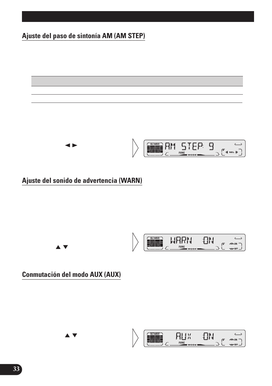 Ajuste del paso de sintonía am (am step), Ajuste del sonido de advertencia (warn), Conmutación del modo aux (aux) | Ajustes iniciales | Pioneer DEH-P3150 User Manual | Page 72 / 116