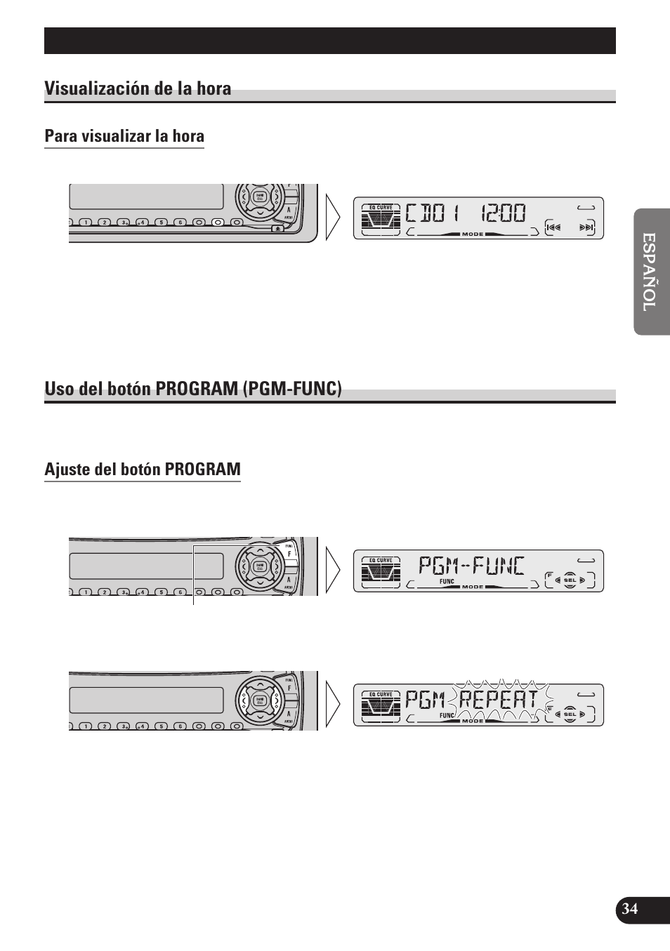 Otras funciones, Visualización de la hora, Para visualizar la hora | Uso del botón program (pgm-func), Ajuste del botón program | Pioneer DEH-P3150 User Manual | Page 73 / 116