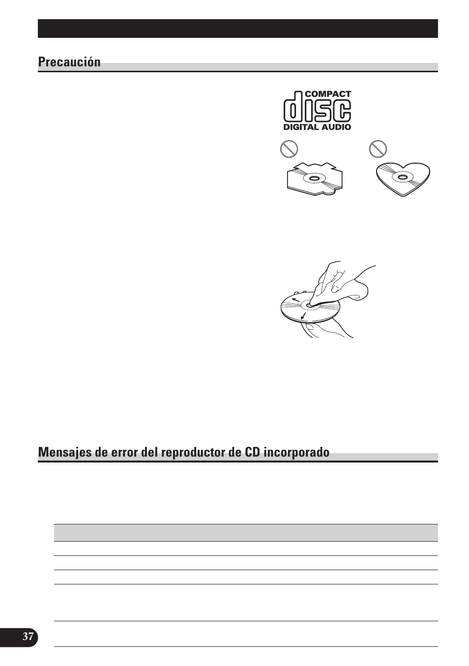 Reproductor de cd y cuidado, Precaución, Mensajes de error del reproductor de cd | Incorporado | Pioneer DEH-P3150 User Manual | Page 76 / 116