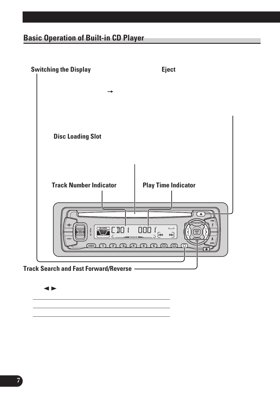 Basic operation of built-in cd player, Switching the display, Eject | Disc loading slot, Track search and fast forward/reverse, Basic operation | Pioneer DEH-P3150 User Manual | Page 8 / 116