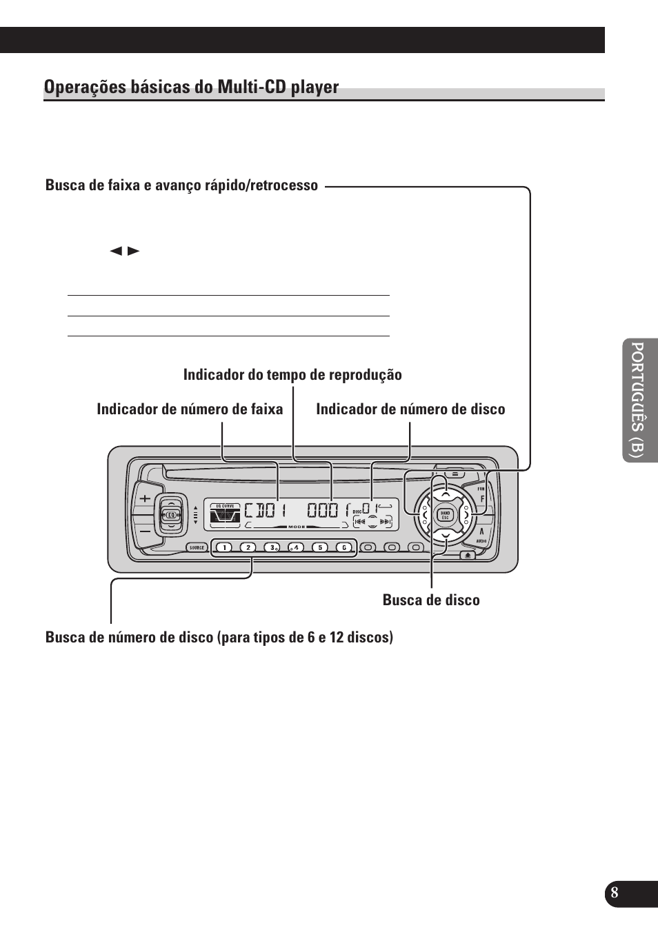 Operações básicas do multi-cd player, Busca de faixa e avanço rápido/retrocesso, Busca de disco | Pioneer DEH-P3150 User Manual | Page 85 / 116