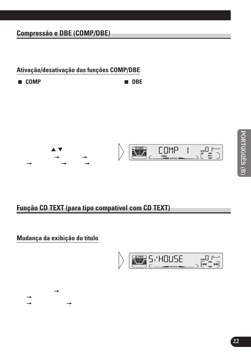Compressão e dbe (comp/dbe), Ativação/desativação das funções comp/dbe, Função cd text (para tipo compatível | Com cd text), Mudança da exibição do título, Função cd text (para tipo compatível com cd text) | Pioneer DEH-P3150 User Manual | Page 99 / 116