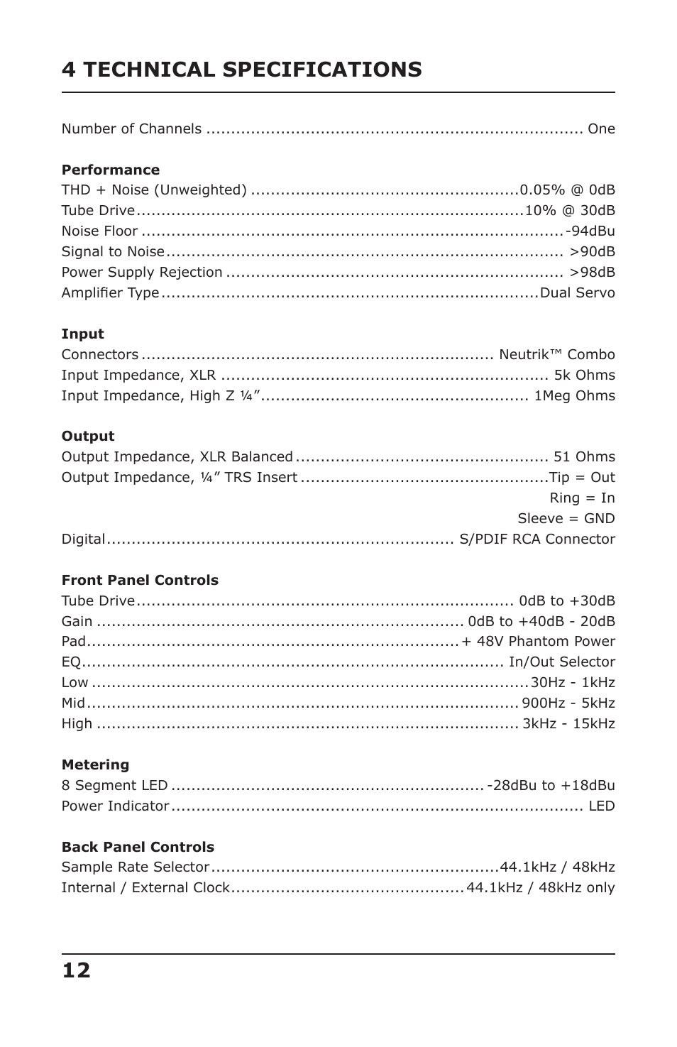 12 4 technical specifications | PreSonus DigiTUBE User Manual | Page 14 / 17