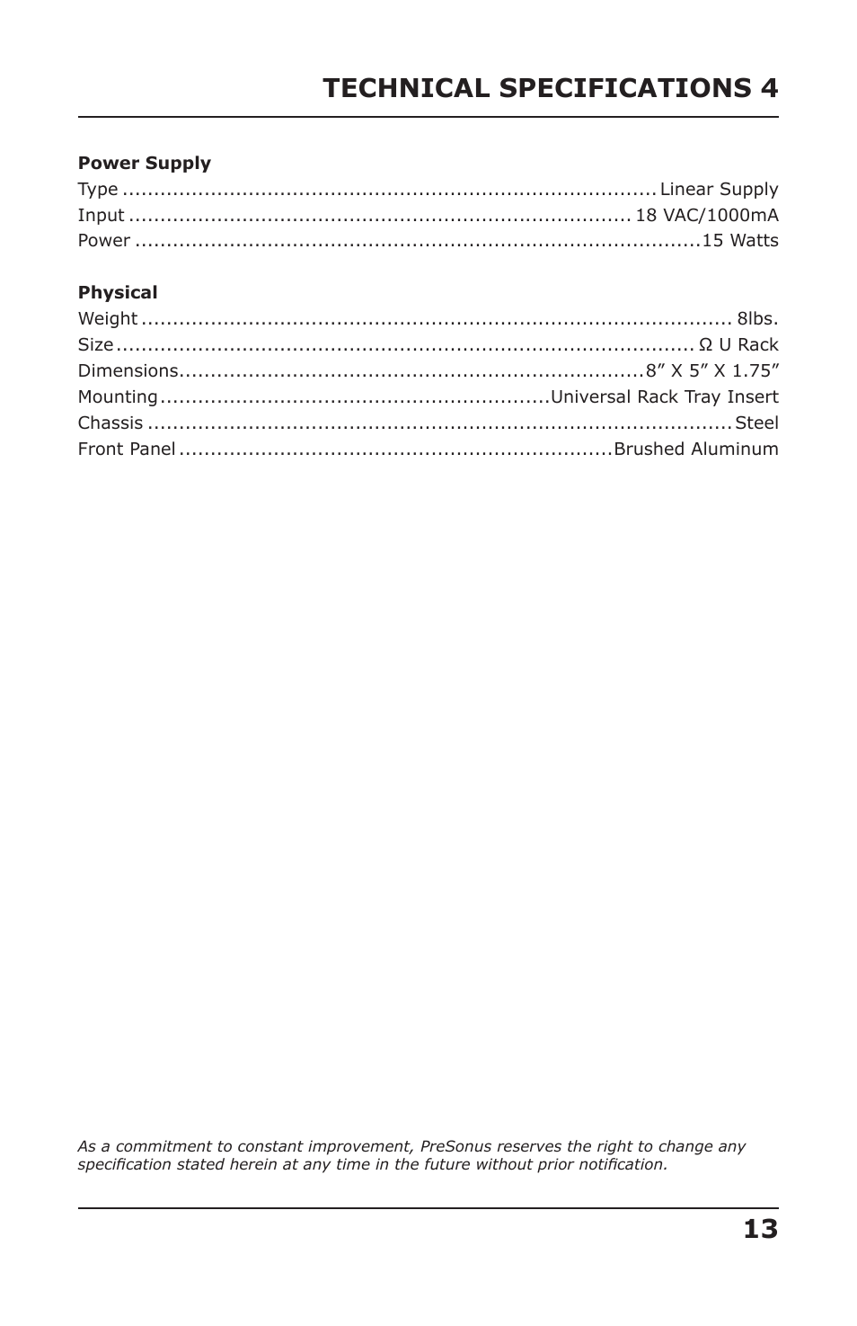 13 technical specifications 4 | PreSonus DigiTUBE User Manual | Page 15 / 17