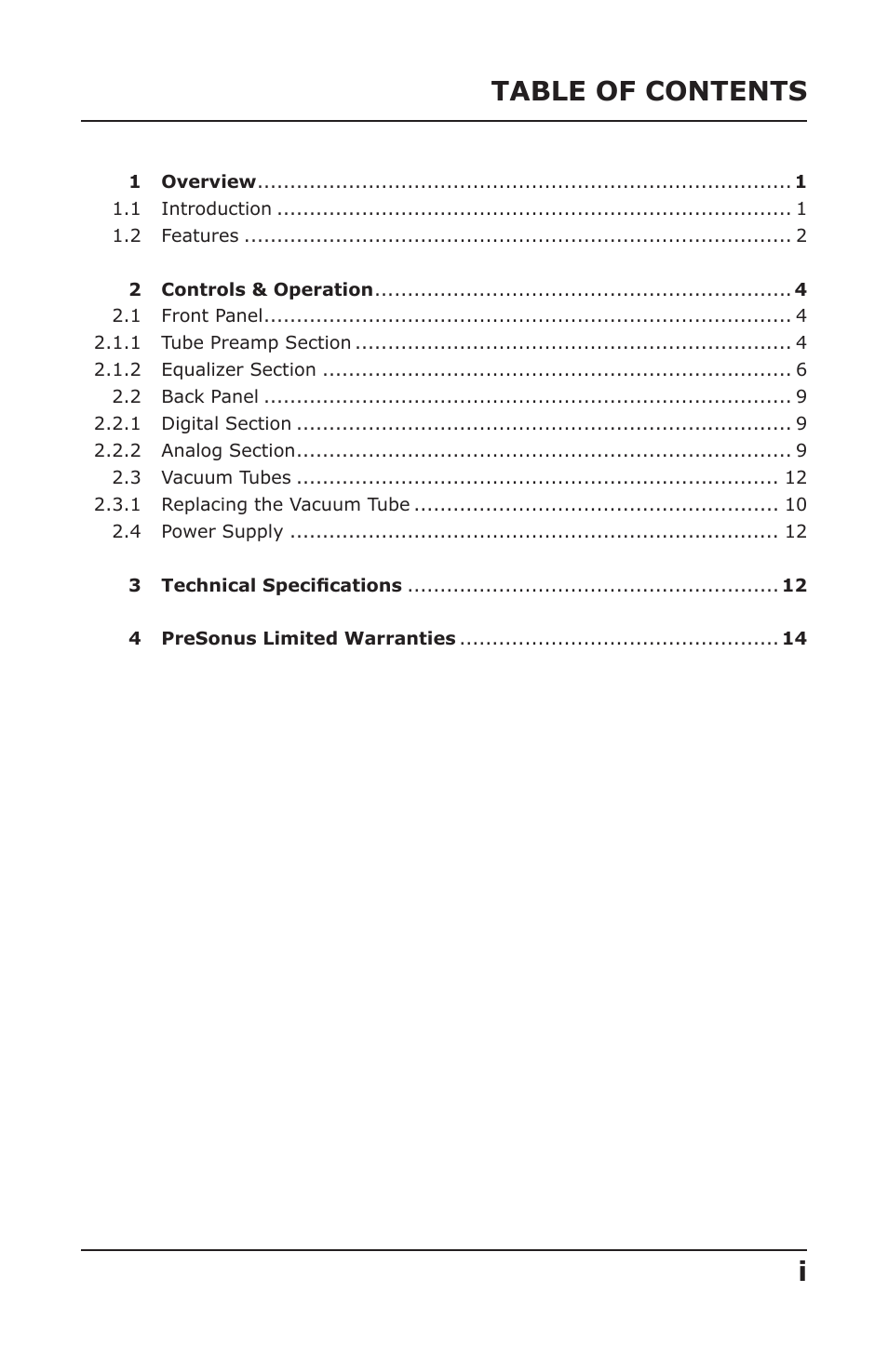 Table of contents i | PreSonus DigiTUBE User Manual | Page 2 / 17