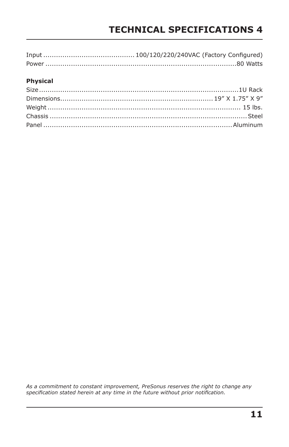 Technical specifications 4 | Presonus Audio electronic DigiMAX LT User Manual | Page 13 / 15