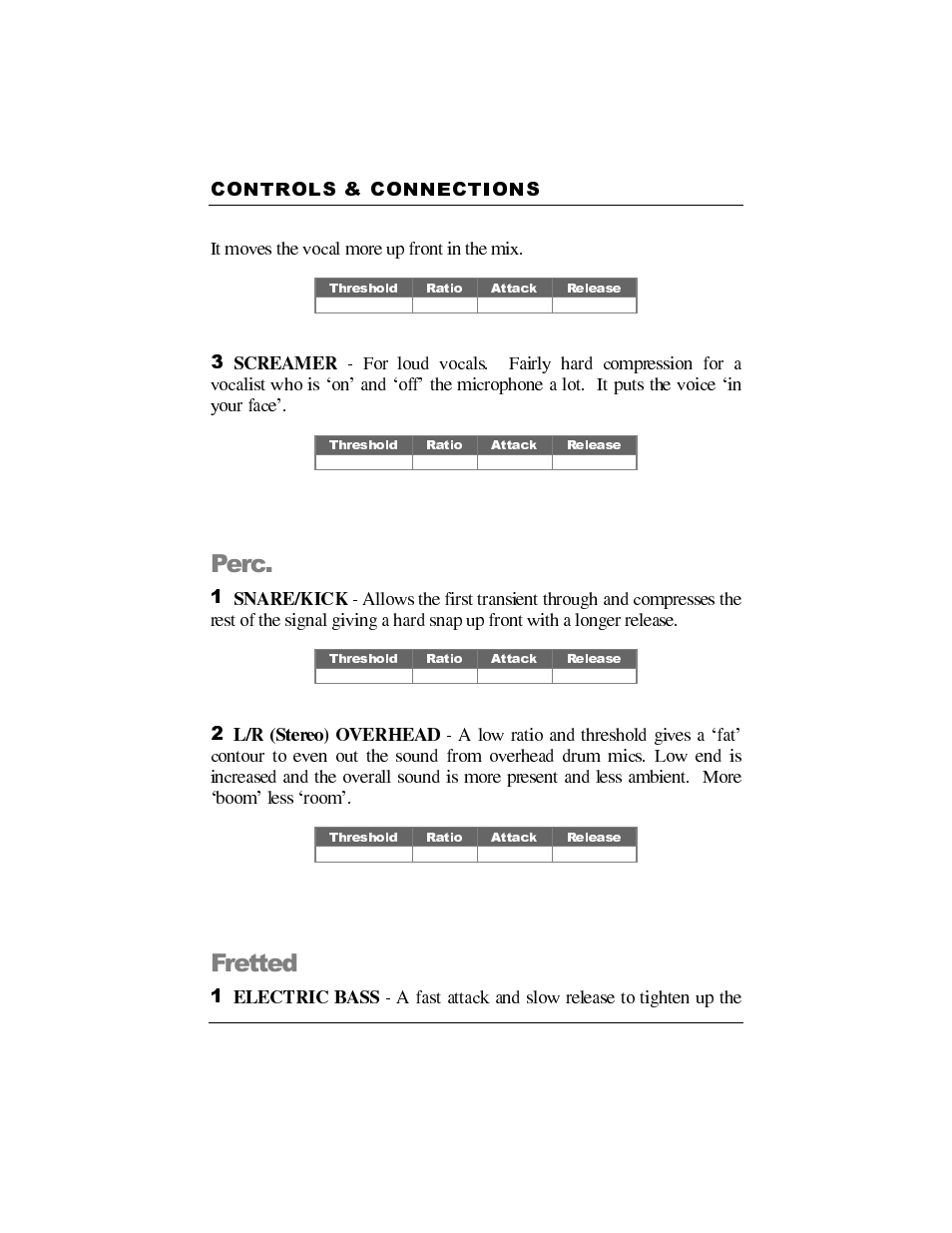 Perc, Fretted, Controls & connections | It moves the vocal more up front in the mix | Presonus Audio electronic Smart Compressor User Manual | Page 15 / 25
