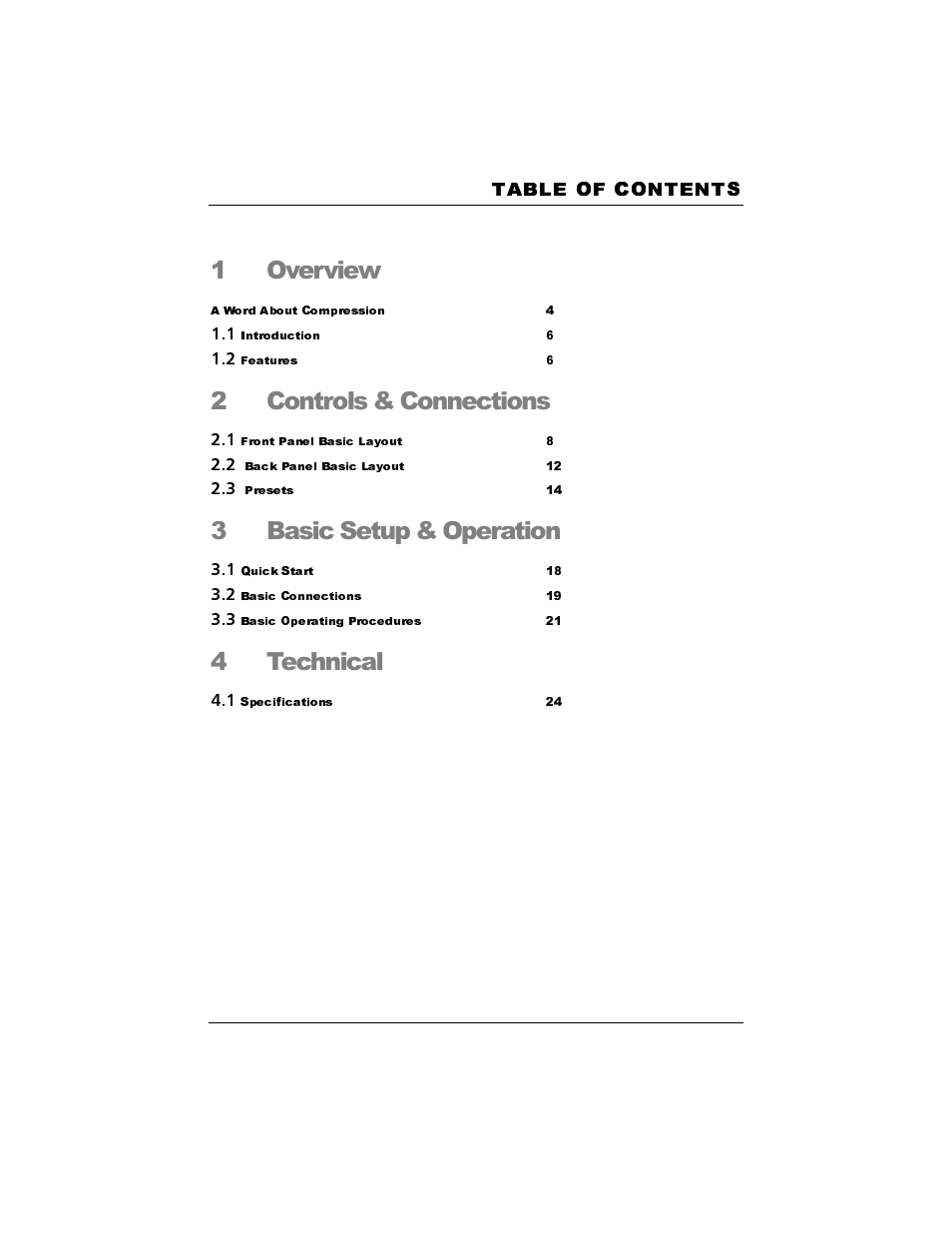 1overview, 2 controls & connections, 3basic setup & operation | 4technical | Presonus Audio electronic Smart Compressor User Manual | Page 4 / 25