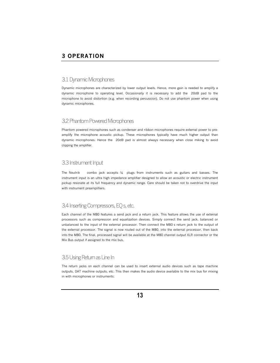 3 operation, 1 dynamic microphones, 2 phantom powered microphones | 3 instrument input, 4 inserting compressors, eq’s, etc, 5 using return as line in | PreSonus M80 User Manual | Page 15 / 18