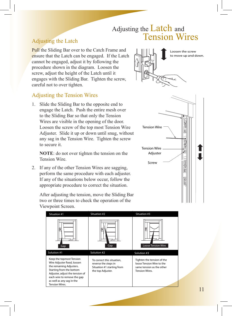 Latch, Tension wires, Adjusting the | Adjusting the latch, Adjusting the tension wires | Phantom Tech Viewpoint VI0508 User Manual | Page 11 / 16