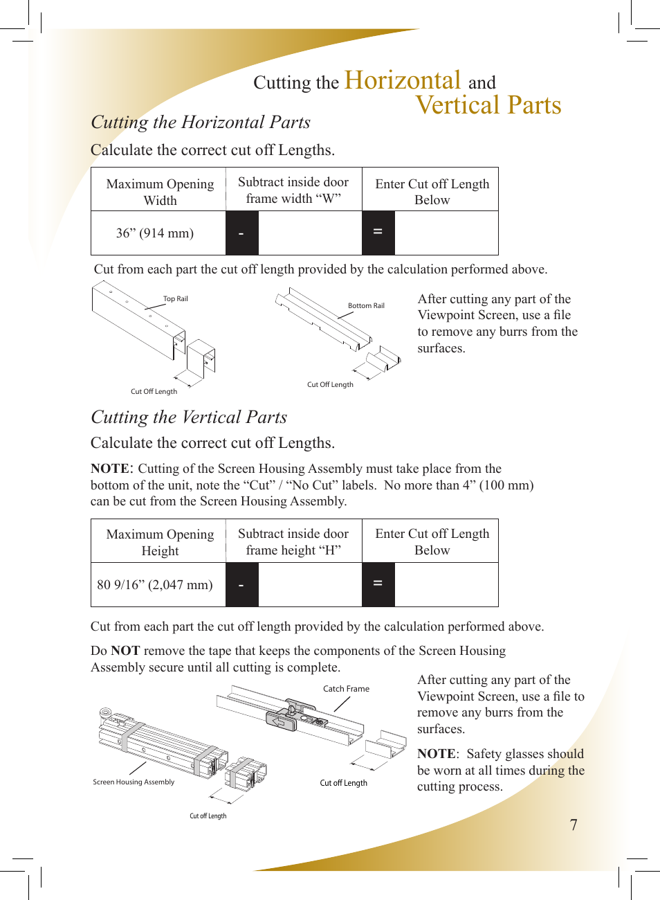 Horizontal, Vertical parts, Cutting the | Cutting the horizontal parts, Cutting the vertical parts | Phantom Tech Viewpoint VI0508 User Manual | Page 7 / 16