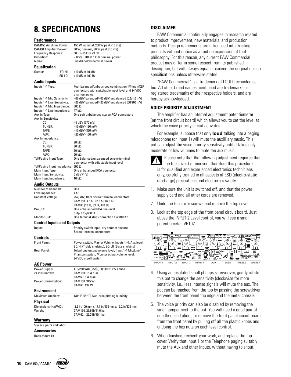 Specifications, Voice priority adjustment | Phantom Tech CAM60 User Manual | Page 10 / 12