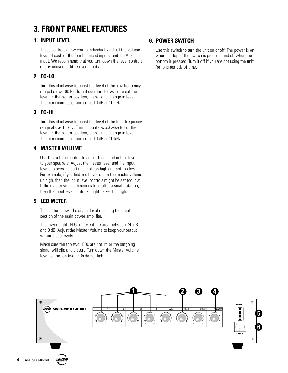 Front panel features, Input level, Eq-lo | Eq-hi, Master volume, Led meter, Power switch | Phantom Tech CAM60 User Manual | Page 4 / 12