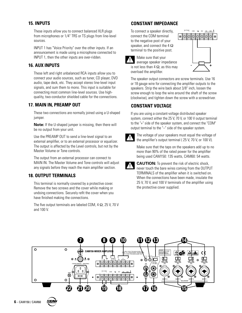 Inputs, Aux inputs, Main in, preamp out | Output terminals, Constant impedance, Constant voltage | Phantom Tech CAM60 User Manual | Page 6 / 12