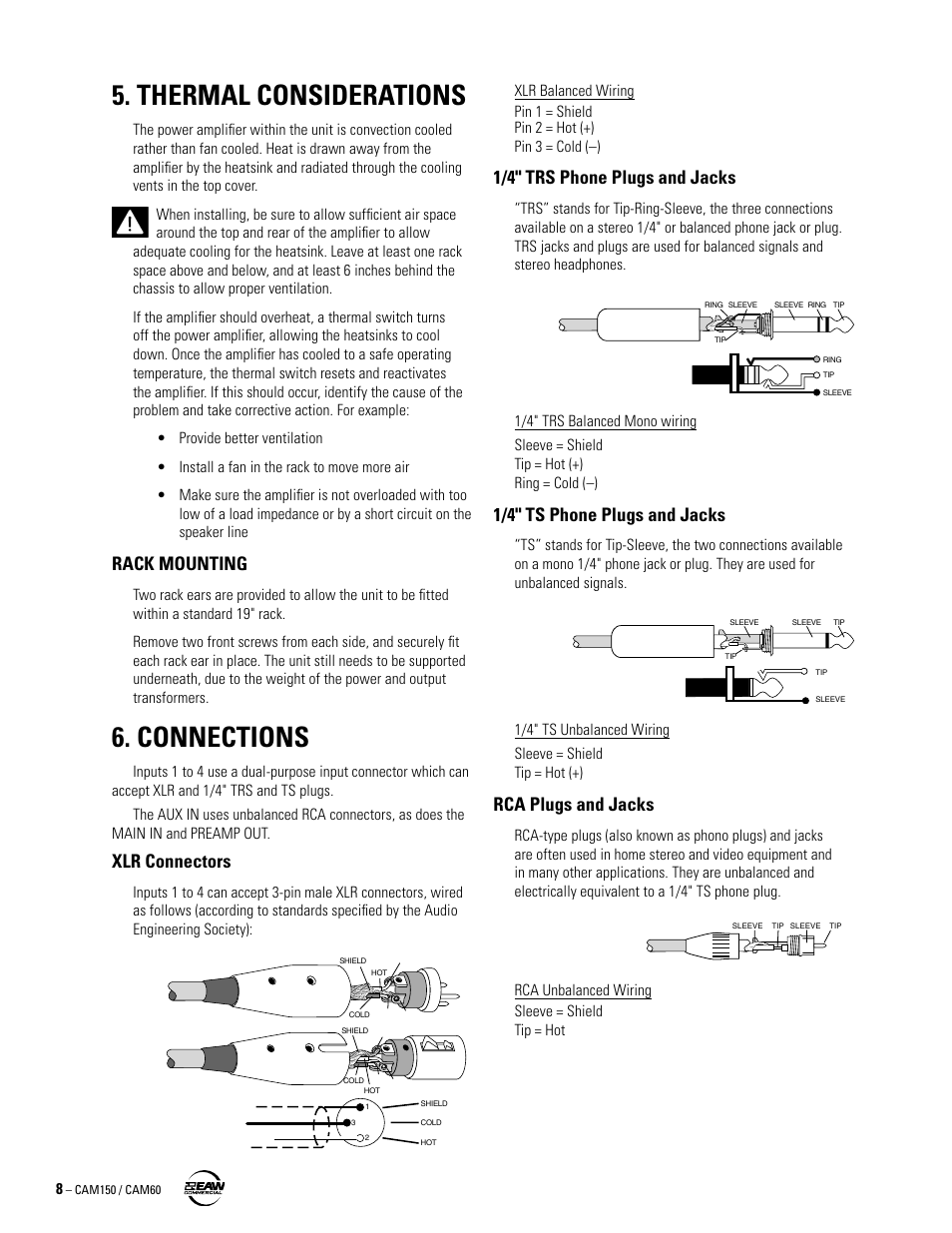 Thermal considerations, Rack mounting, Connections | Xlr connectors, 1/4" trs phone plugs and jacks, 1/4" ts phone plugs and jacks, Rca plugs and jacks | Phantom Tech CAM60 User Manual | Page 8 / 12