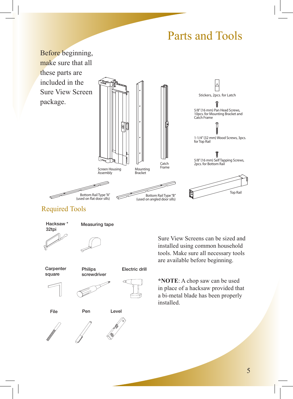Parts and tools | Phantom Tech Sure View SU0508L User Manual | Page 5 / 20