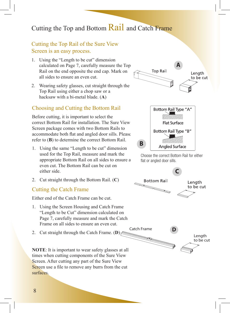 Rail, Cutting the top and bottom, And catch frame | Phantom Tech Sure View SU0508L User Manual | Page 8 / 20