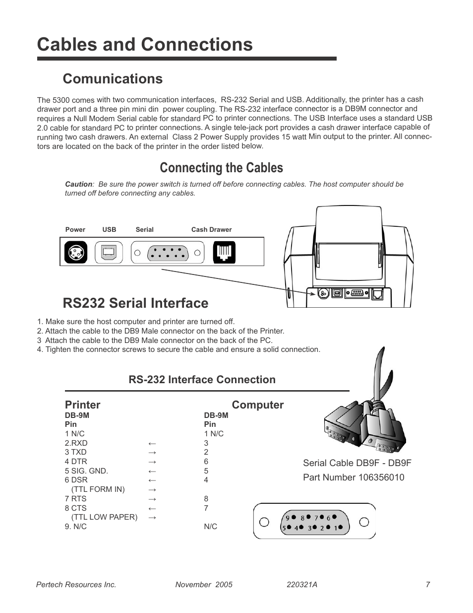 Cables and connections, Comunications, Rs232 serial interface | Rs-232 interface connection, 7 rs232 serial interface, Connecting the cables, Printer computer | Pertech 5300 User Manual | Page 13 / 40