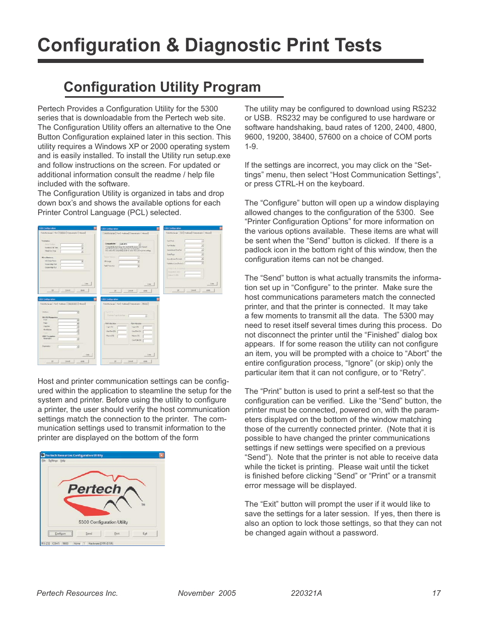 Configuration & diagnostic print tests, Configuration utility program | Pertech 5300 User Manual | Page 23 / 40