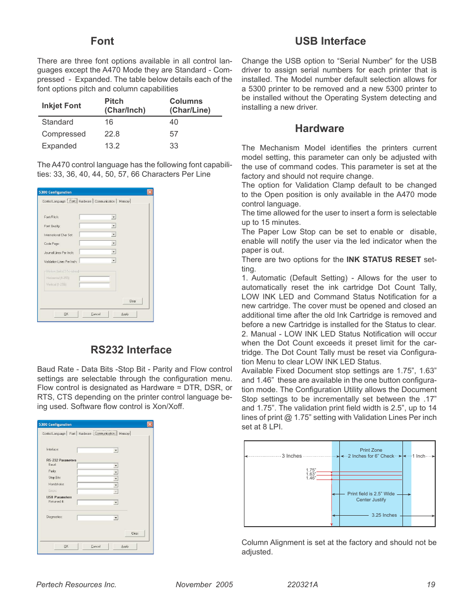 Font, Rs232 interface, Usb interface | Hardware, 19 rs232 interface, 19 usb interface, 19 hardware | Pertech 5300 User Manual | Page 25 / 40