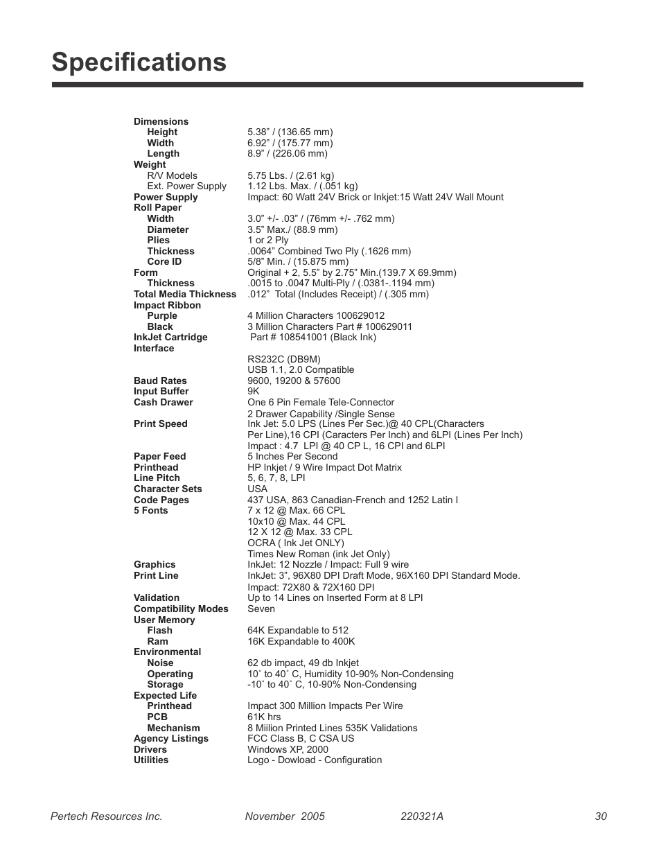Specifications | Pertech 5300 User Manual | Page 36 / 40