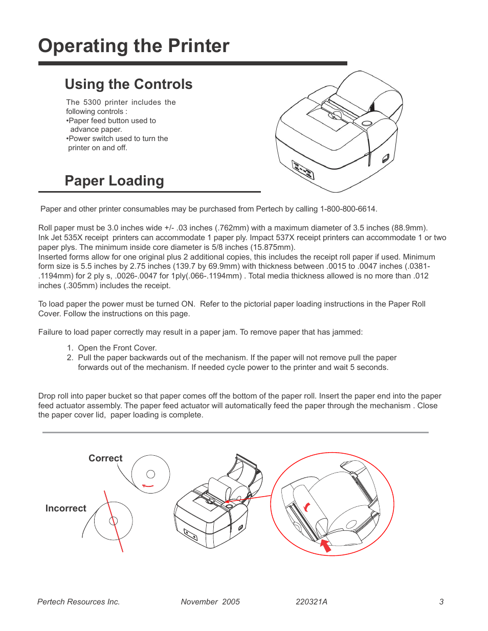 Operating the printer, Using the controls, Paper loading | 3 paper loading, Using the controls paper loading | Pertech 5300 User Manual | Page 9 / 40