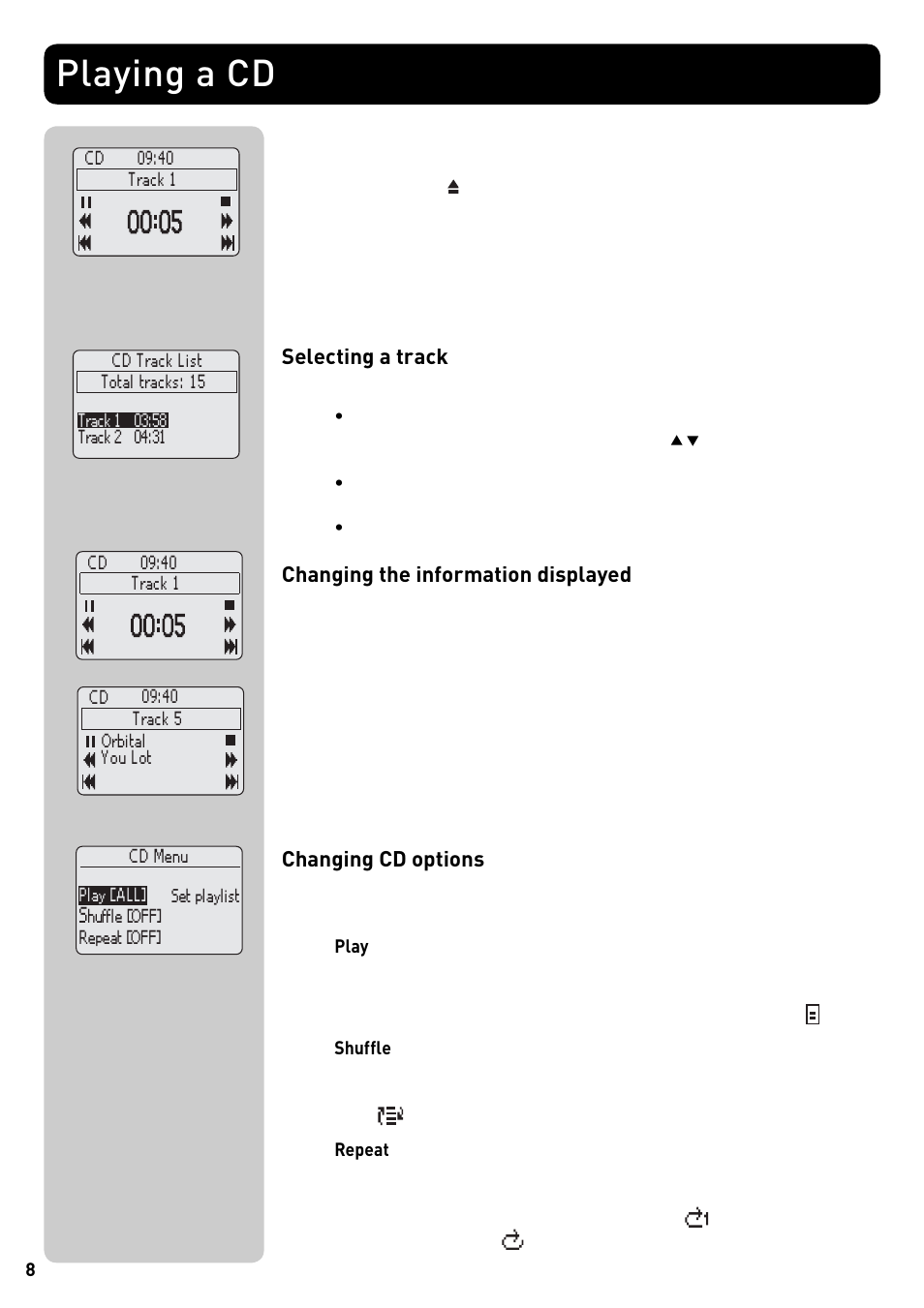 Playing a cd, Selecting a track, Changing the information displayed | Changing cd options | Pure Acoustics DMX-50 User Manual | Page 10 / 22