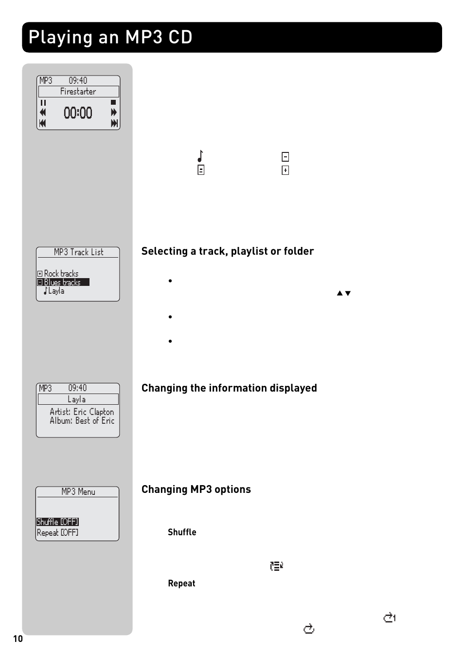 Playing an mp3 cd, Selecting a track, playlist or folder, Changing the information displayed | Changing mp3 options | Pure Acoustics DMX-50 User Manual | Page 12 / 22